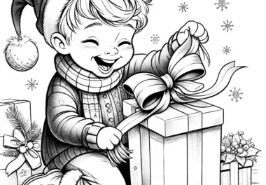 Junge packt Weihnachtsgeschenk aus (Malvorlage)