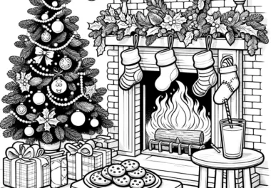 Kaminfeuer & Tannenbaum: weihnachtliche Malvorlage