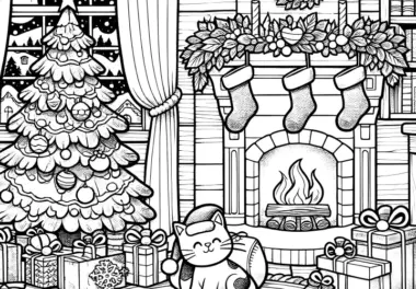 Katze vor Kamin & Weihnachtsbaum (Malvorlage)