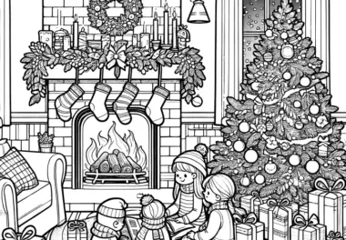 Kinder, Kamin, Geschenke, Weihnachtsbaum – Malvorlage