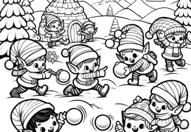 Schneeballschlacht in der Winterlandschaft (Ausmalbild)