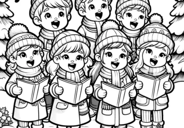 Kinder singen in Schneelandschaft: Weihnachtsbild zum Ausmalen