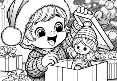 Kind packt Weihnachtsgeschenk mit Puppe aus (Ausmalbild)