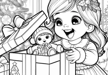 Mädchen packt Geschenk aus: Weihnachtsbild zum Ausmalen
