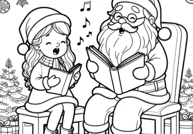 Mädchen und Weihnachtsmann singen (Ausmalbild)