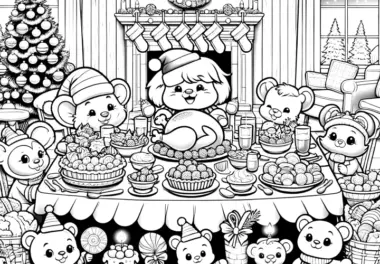 Plüschtiere beim Weihnachtsschmaus (kostenlose Malvorlage)