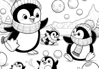 Pinguine bei Schneeballschlacht: Weihnachtsbild zum Ausmalen