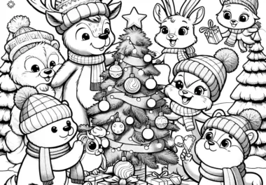 Rentier & andere Tiere um Weihnachtsbaum (Malvorlage)
