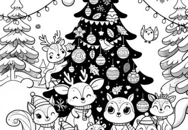 Tiere im Schnee mit Weihnachtsbaum: Weihnachtsbild zum Ausmalen