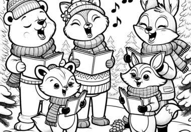 Tiere singen in Winterlandschaft (kostenlose Malvorlage)