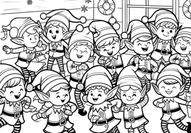 Weihnachtselfen tanzen & singen (Weihnachtsbild zum Ausmalen)