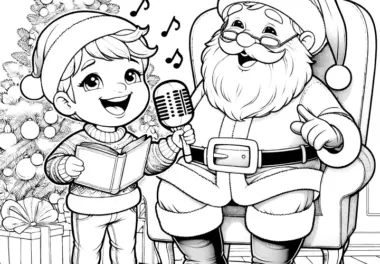 Weihnachtsmann & Junge beim Singen (kostenlose Malvorlage)