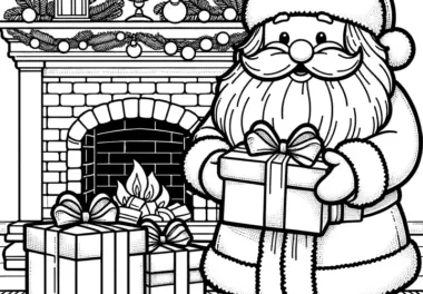 Weihnachtsmann am Kamin mit Geschenken (kostenloses Ausmalbild)