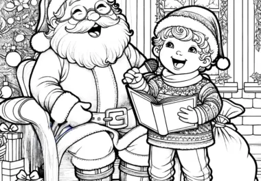 Weihnachtsmann & Kind singen am Weihnachtsbaum (Malvorlage)