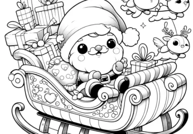 Weihnachtsmann mit Schlitten, Rentieren & Geschenken: Malvorlage