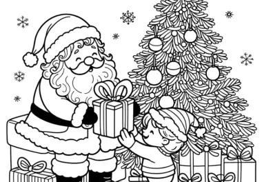 Weihnachtsmann, Tannenbaum & Kind: Malvorlage gratis
