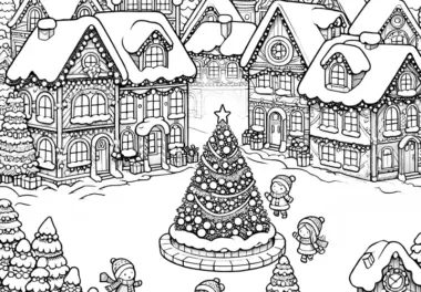 Winterliche Stadt & großer Weihnachtsbaum (Ausmalbild)