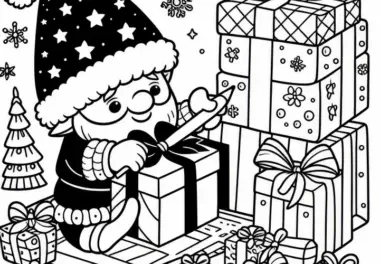 Wichtel mit Zipfelmütze beim Geschenkeverpacken – Ausmalbild für den Adventskalender
