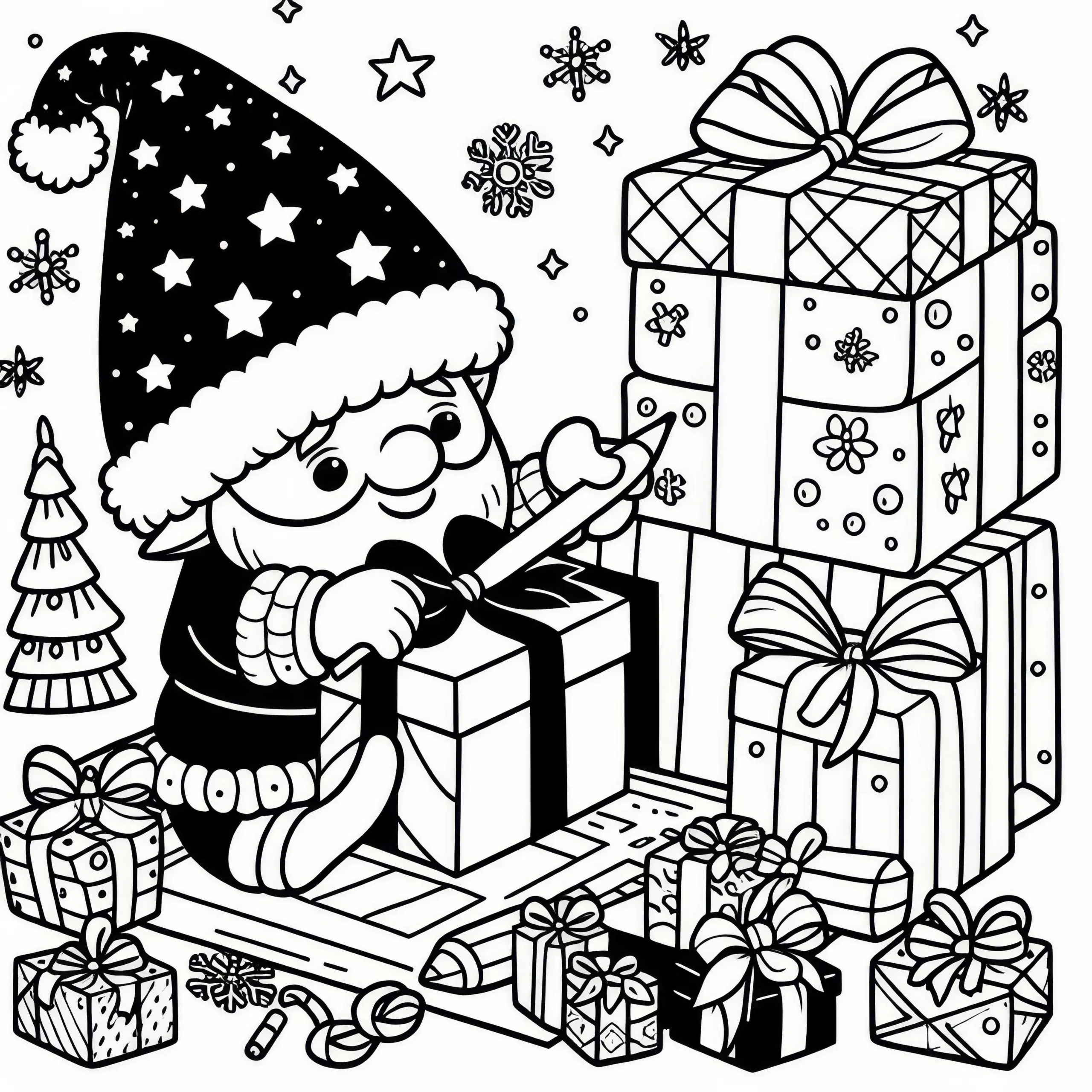 Wichtel mit Zipfelmütze beim Geschenkeverpacken – Ausmalbild für den Adventskalender