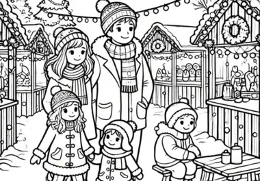 Adventszeit: Familie besucht Weihnachtsmarkt (Ausmalbild)