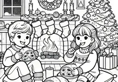 Kinder essen Weihnachtsstollen zur Adventszeit (Ausmalbild)