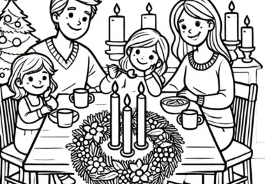 Familie beim Adventsessen – kostenlose Malvorlage