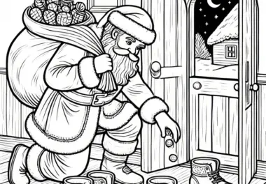 Nikolaus befüllt Nikolausstiefel mit Geschenken (Ausmalbild)