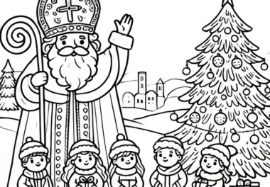 Nikolaus mit Kindern & Tannenbaum (Ausmalbild)