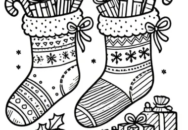 Warme Socken mit Nikolausgeschenken (Ausmalbild)