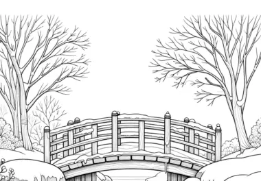 Schneelandschaft mit Brücke & Bach: kostenlose Malvorlage