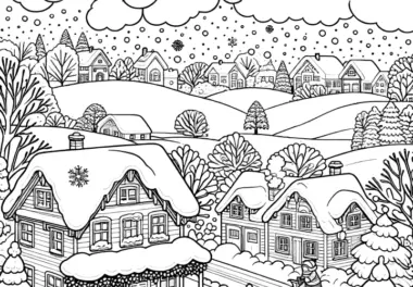 Schneelandschaft mit Dorf, Schneemann, Lkw & Kindern: Ausmalbild