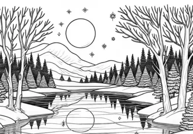 Winterlandschaft mit Hasen, Mond & See vor Bergen (Ausmalbild)