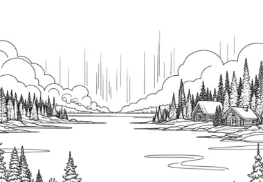 Winterlandschaft – Idylle am See (kostenloses Ausmalbild)