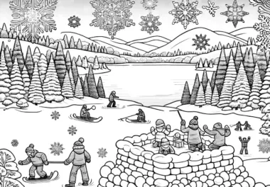 Winterlandschaft: Menschen bauen Iglu (Ausmalbild)