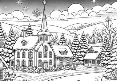 Schneelandschaft mit Kirche, Pferden & Schlitten: gratis Ausmalbild