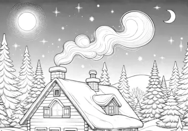 Winterlandschaft bei Nacht mit Holzhütte & Tannen (Malvorlage)