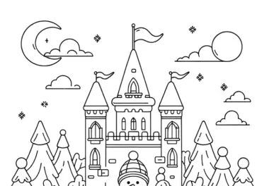 Winterbild mit Schloss & Mond: einfache Malvorlage für Kinder