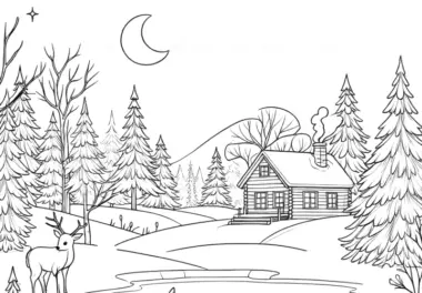 Schöne Schneelandschaft mit Tieren als Ausmalbild