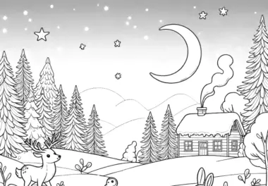 Winterlandschaft mit Tieren bei Nacht: gratis Ausmalbild