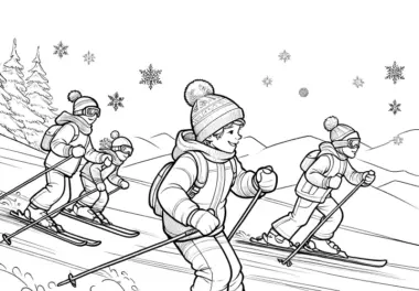 Kinder beim Skifahren: Ausmalbild kostenlos herunterladen