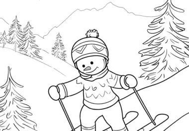 Schneemann bei der Ski-Abfahrt – Malvorlage