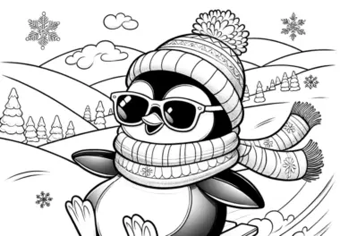 Pinguin mit Sonnenbrille auf Schlitten: kostenloses Ausmalbild