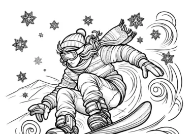 Snowboarden im Schnee: kostenloses Ausmalbild
