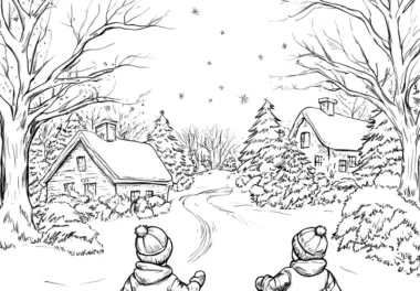 Kinder rodeln im Winterdorf: Ausmalbild gratis