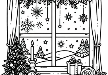Fenster mit Schneeflocken, Kerze, Sternen und Adventskalender – Ausmalbild für den 15. Dezember