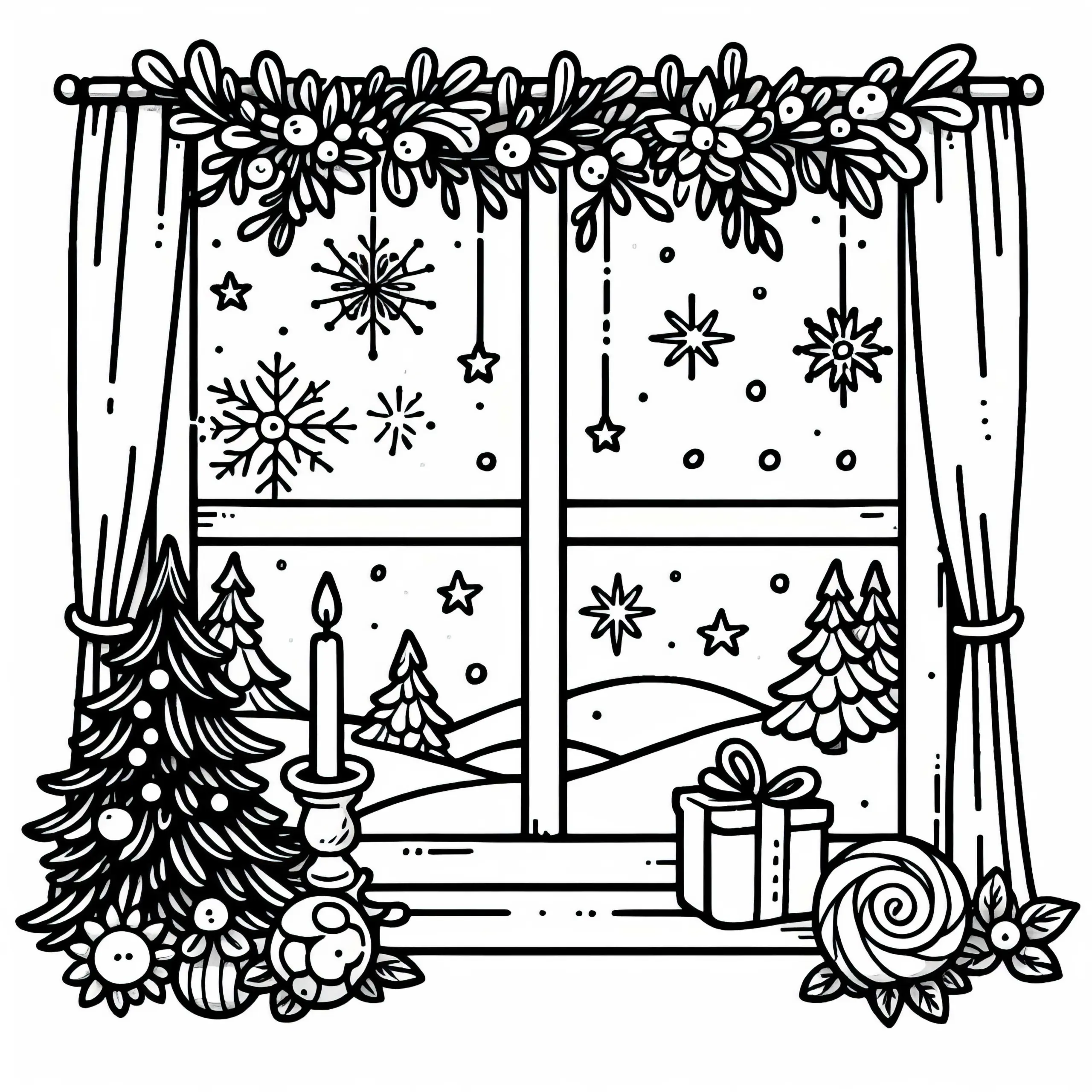 Fenster mit Schneeflocken, Kerze, Sternen und Adventskalender – Ausmalbild für den 15. Dezember
