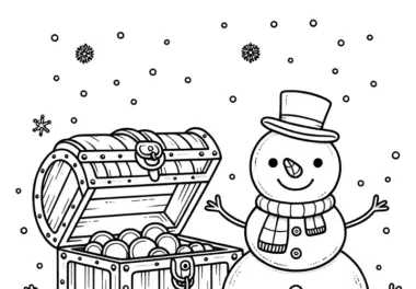 Schneemann findet Schatztruhe: kostenlose Malvorlage