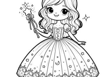 Bild zum Ausmalen: Kleine Prinzessin Fee mit Zauberstab