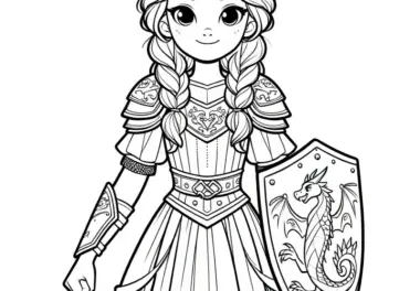 Prinzessin mit Krone und Schutzschild: Ausmalbild kostenlos