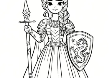 Prinzessin mit Schutzschild und Speer zum Ausmalen